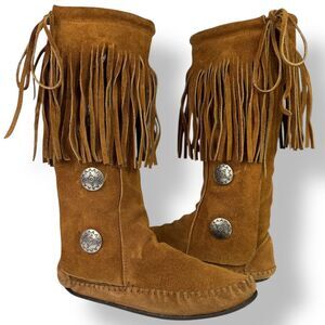 Taos Vintage 70s Tall Moccasins Boots Brown Tan Suede Fringe Conchos Women’s 8